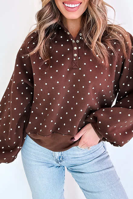 Sweat-shirt décontracté à boutons en métal à pois marron