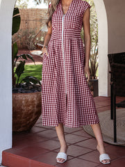 Red Plaid Print Full Zipper Cinched Waist Fit Flare Sleeveless Maxi Dress - Miniatuur