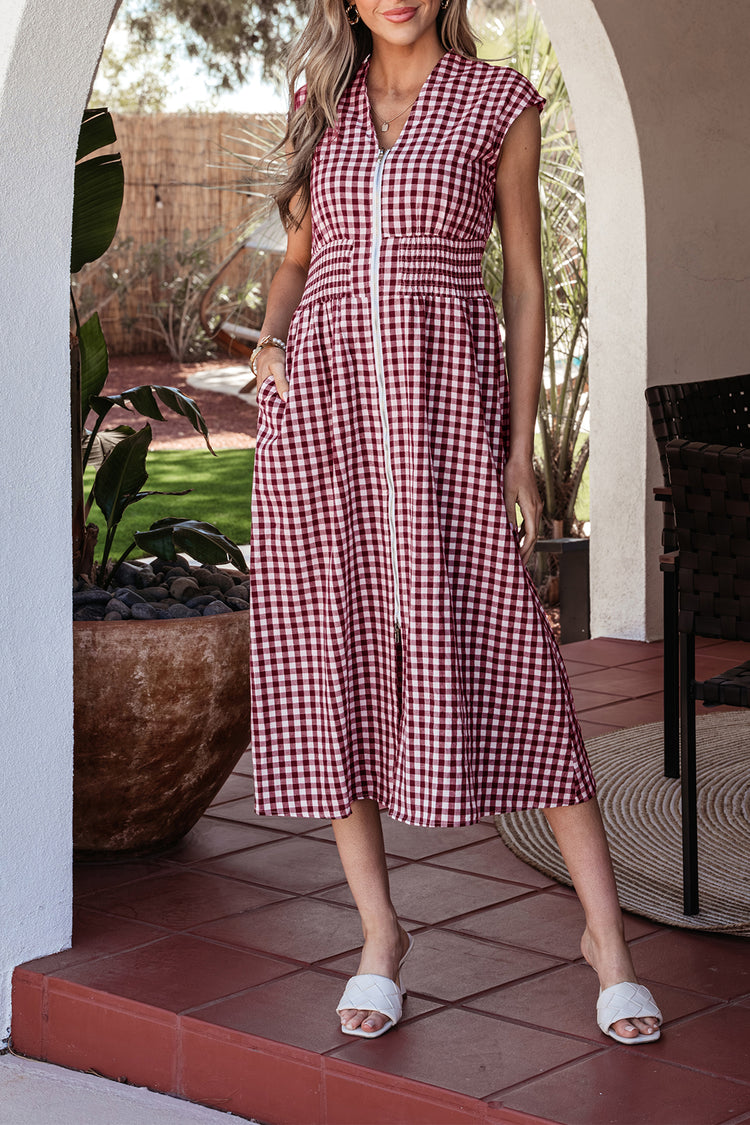 Red Plaid Print Full Zipper Cinched Waist Fit Flare Sleeveless Maxi Dress - Damesmode