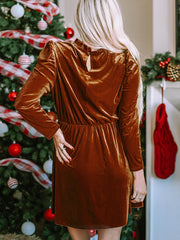 Chestnut Velvet Frilled Neck Gigot Sleeve Swing Dress - Miniatuur