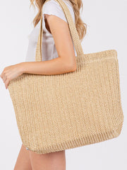Sac fourre-tout d’été tissé en paille de couleur unie Camel - Miniatuur