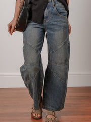Sail Blue freiliegende Nähte, locker, gerade, hoch taille Barrel Jeans - Miniatuur