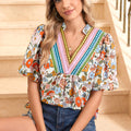 Mehrfarbige Häkelbluuse mit V-Ausschnitt und Puffärmel Boho-Blumenbluse - Foto 4