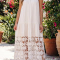 Beige Sheer Hollowed Floral Lace Hem Patchwork Loose Halter Summer Dress - Damesmode Afbeelding 1 - Foto 1