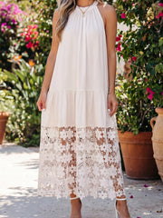 Beige Sheer Hollowed Floral Lace Hem Patchwork Loose Halter Summer Dress - Damesmode Afbeelding 1 - Miniatuur