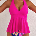 Rose V Neck Ruffled Hem Floral Bottom Tankini Set - Foto 6
