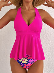Ensemble tankini rose à bas floral à ourlet à volants - Miniatuur