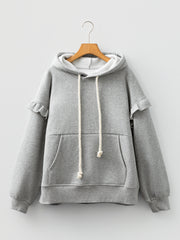 Gray Contrast Rope Drawstring Ruffle Trim Drop Shoulder Baggy Hoodie - Miniatuur