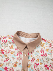 Orangefarbener Floral-Print Farbblock-Kanten-Hemd mit 3/4-Ärmeln, Mini-Gürtel-Kleid - Miniatuur