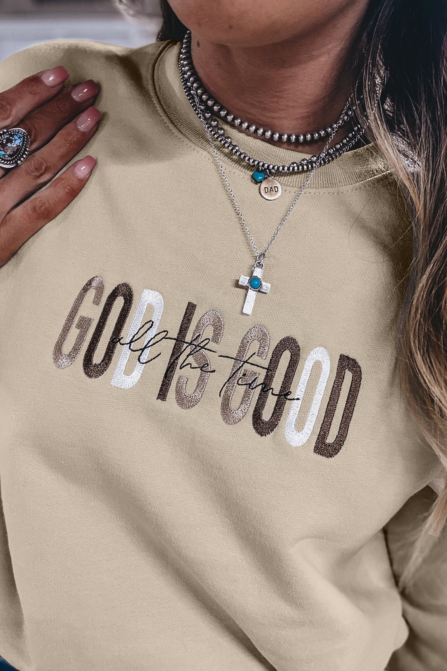 Jet Stream GOD IS GOOD Western-Pullover mit gesticktem Buchstaben und Crewneck-Pullover
