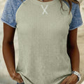 Laurel Green Waffle Knit Seam Detail Color Block Patchwork Short Sleeve Top - Foto 2