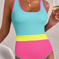 Iceland Blue Textured Color Block Patchwork One Piece Swimsuit - Foto 1