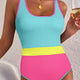Iceland Blauw Texturood Color Block Patchwork One Piece Swimsuit