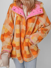 Orange karierte Sherpa-Kapuzenjacke - Miniatuur