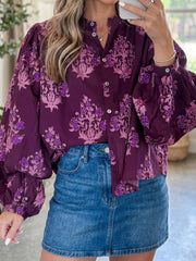 Purple Floral Print Button Front Long Puff Sleeve Shirt - Miniatuur