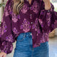 Paars Bloemenprint Knoop Front Long Puff Sleeve Overhemd