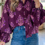 Purple Floral Print Button Front Long Puff Sleeve Shirt