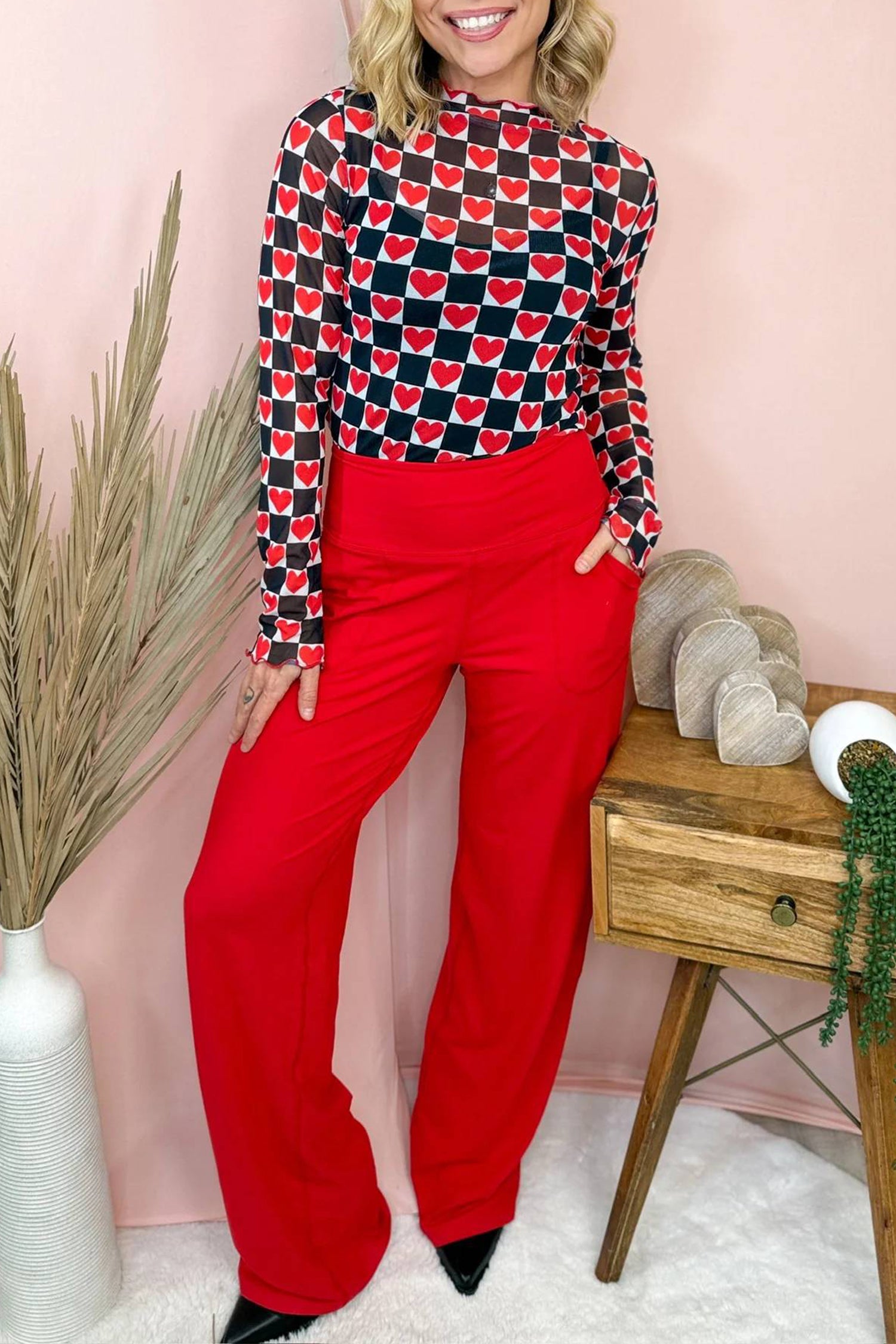 Rose Plaid Mesh Sheer Long Sleeve Top