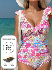 Costume da bagno con rifiniture rosa a vol, scollo a V con lacci posteriori e controllo della pancia, costume unico - Miniatuur