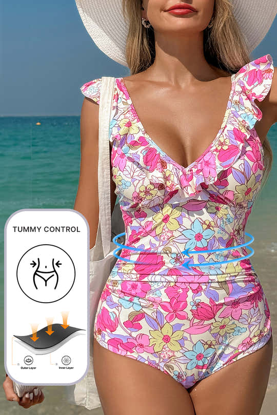 Costume da bagno con rifiniture rosa a vol, scollo a V con lacci posteriori e controllo della pancia, costume unico