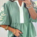 Smoke Green Color Block Patchwork V Neck Embroidered Puff Sleeve Babydoll Blouse - Foto 1