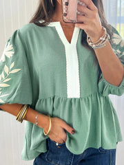 Smoke Green Color Block Patchwork V Neck Embroidered Puff Sleeve Babydoll Blouse - Miniatuur