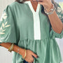 Smoke Green Color Block Patchwork V Neck Embroidered Puff Sleeve Babydoll Blouse