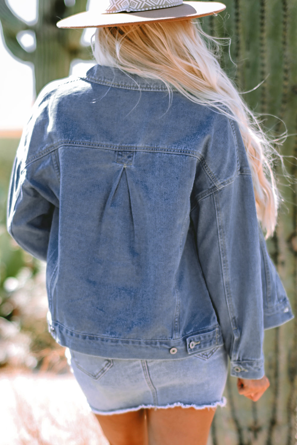 Blue Stripe Washed Oversize Pocketed Denim Jacket - Women's Fashion Image 5