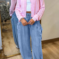 Beau Blue Drawstring Elastic Waist Pocketed Loose Denim Pants - Damesmode Afbeelding 3 - Foto 3