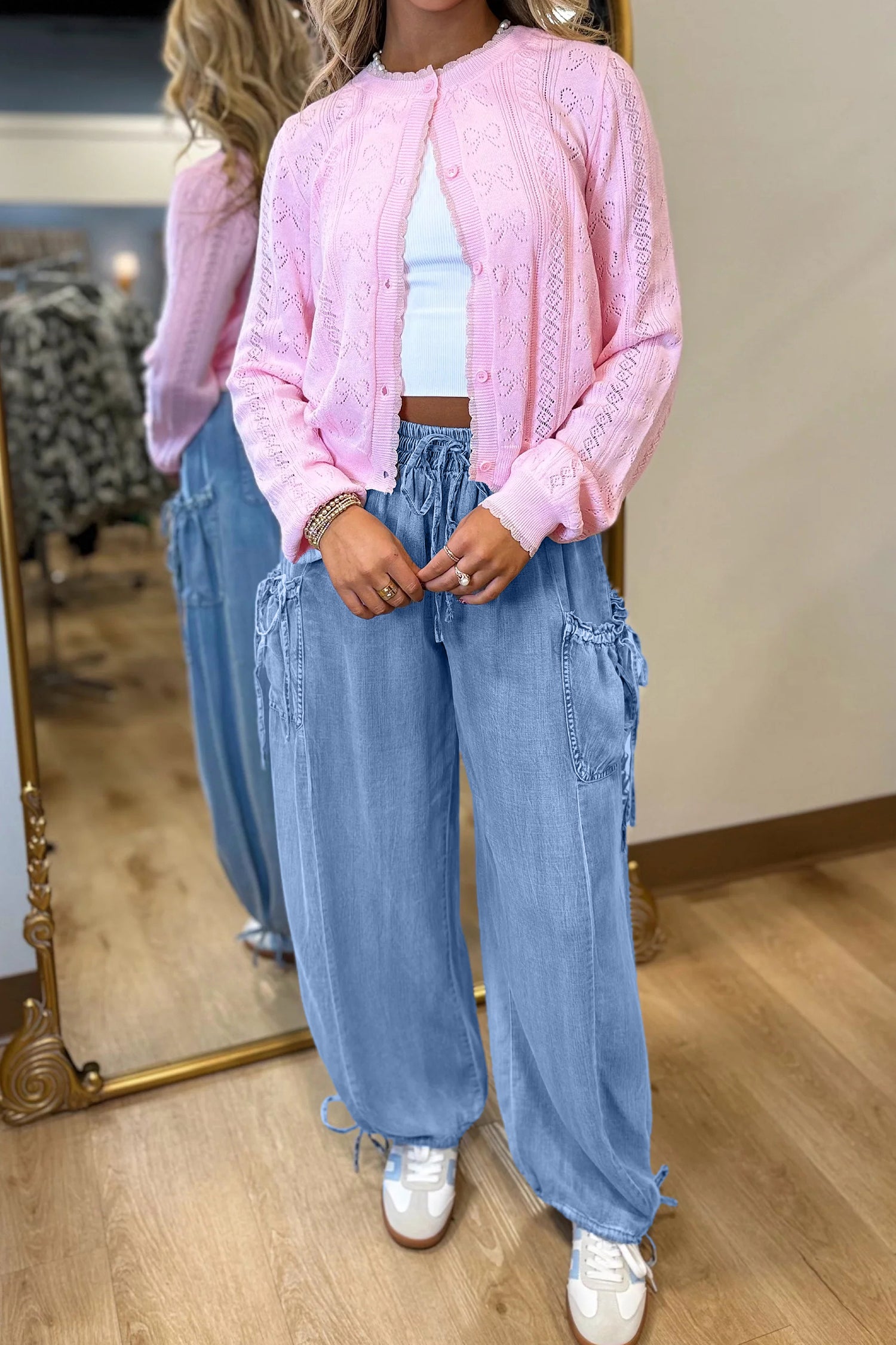 Beau Blue Drawstring Elastic Waist Pocketed Loose Denim Pants - Damesmode Afbeelding 3