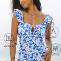 Blue Floral Ruffled Strap Lace-up Hollow Out One Piece Swimsuit - Damesmode Afbeelding 2 - Foto 2