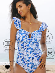 Blue Floral Ruffled Strap Lace-up Hollow Out One Piece Swimsuit - Damesmode Afbeelding 2 - Miniatuur