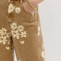 Khaki Floral Print Metal Button Pleated Straight Leg Jeans - Foto 5