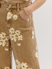 Khaki Floral Print Metal Button Pleated Straight Leg Jeans - Miniatuur