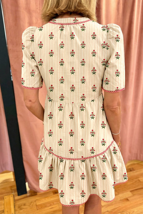 Apricot Striped Floral Print Contrast Detail Ruffle Hem Short Dress - Damesmode Afbeelding 2