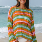 Pull de plage en maille ouverte à rayures violet - Thumbnail