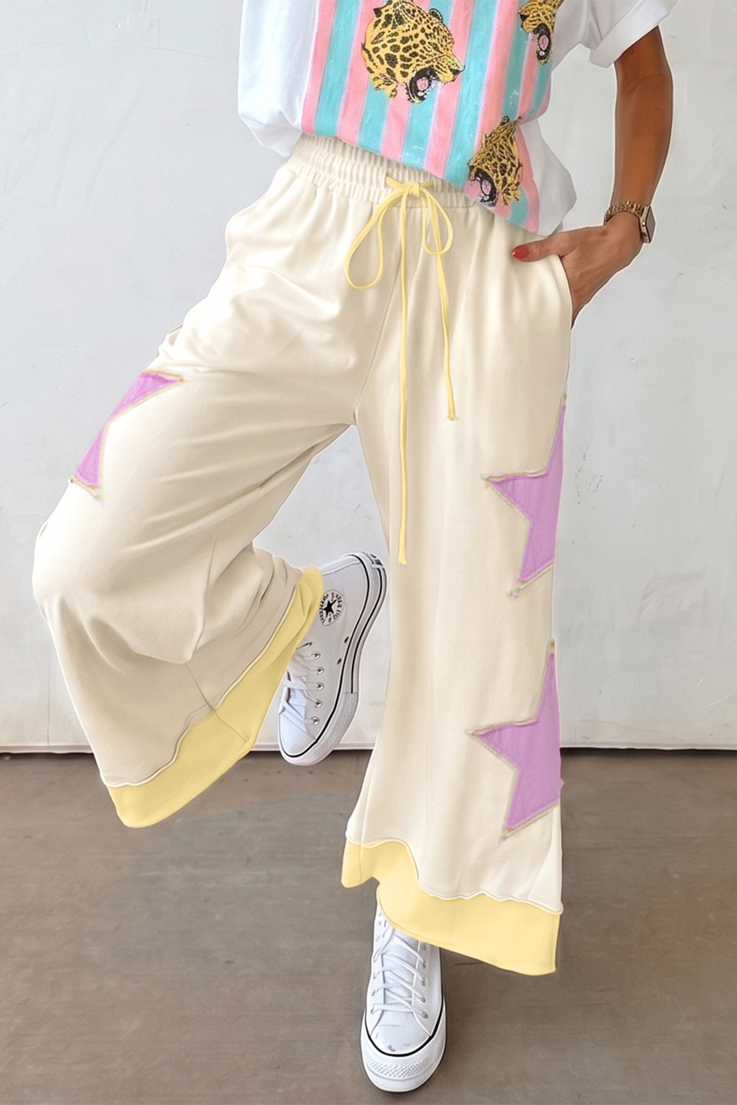 Weiße Sommer-Farbblock-Star-Patchwork-Hosen
