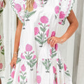 Weißes Wild-Blumenmuster-Minikleid mit Wellenbestickung und V-Ausschnitt mit tiefer Taille - Foto 1
