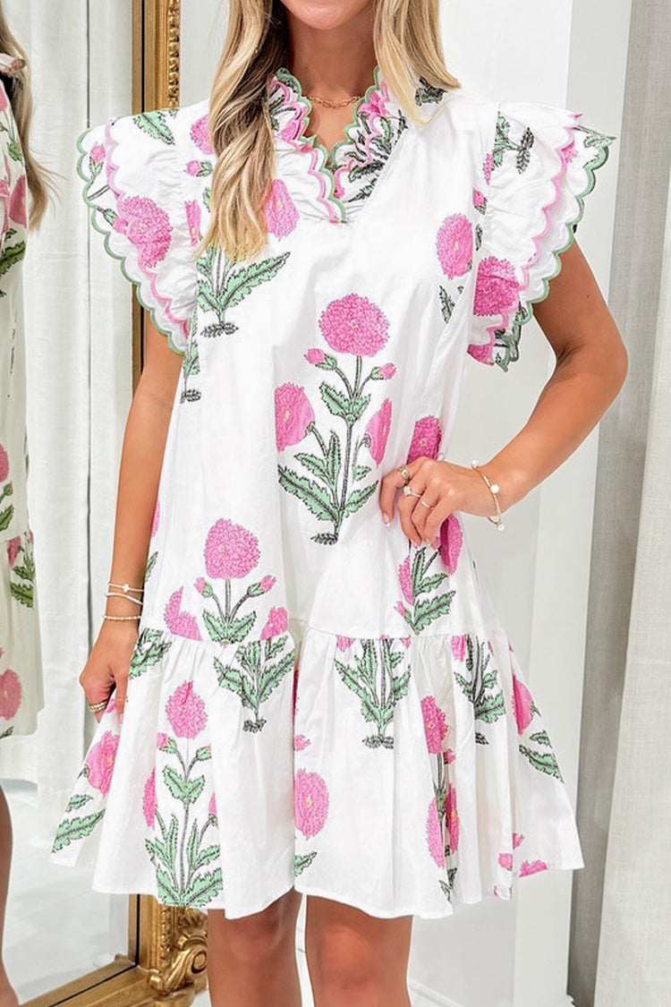 Weißes Wild-Blumenmuster-Minikleid mit Wellenbestickung und V-Ausschnitt mit tiefer Taille - Damesmode