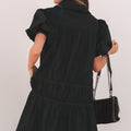 Black Shirt Style Button Down Puff Sleeve Ruffle Hem Dress - Damesmode Afbeelding 2 - Foto 2