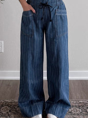 Jeans larghi a strisce blu a righe a contrasto con tasche - Moda femminile Immagine 3 - Miniatuur