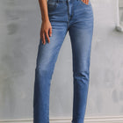 Jeans blu cielo con orlo grezzo a doppio bottone e corte slim fit - Thumbnail