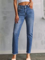 Sky Blue Double Button Raw Hem Slim Fit Jeans - Miniatuur