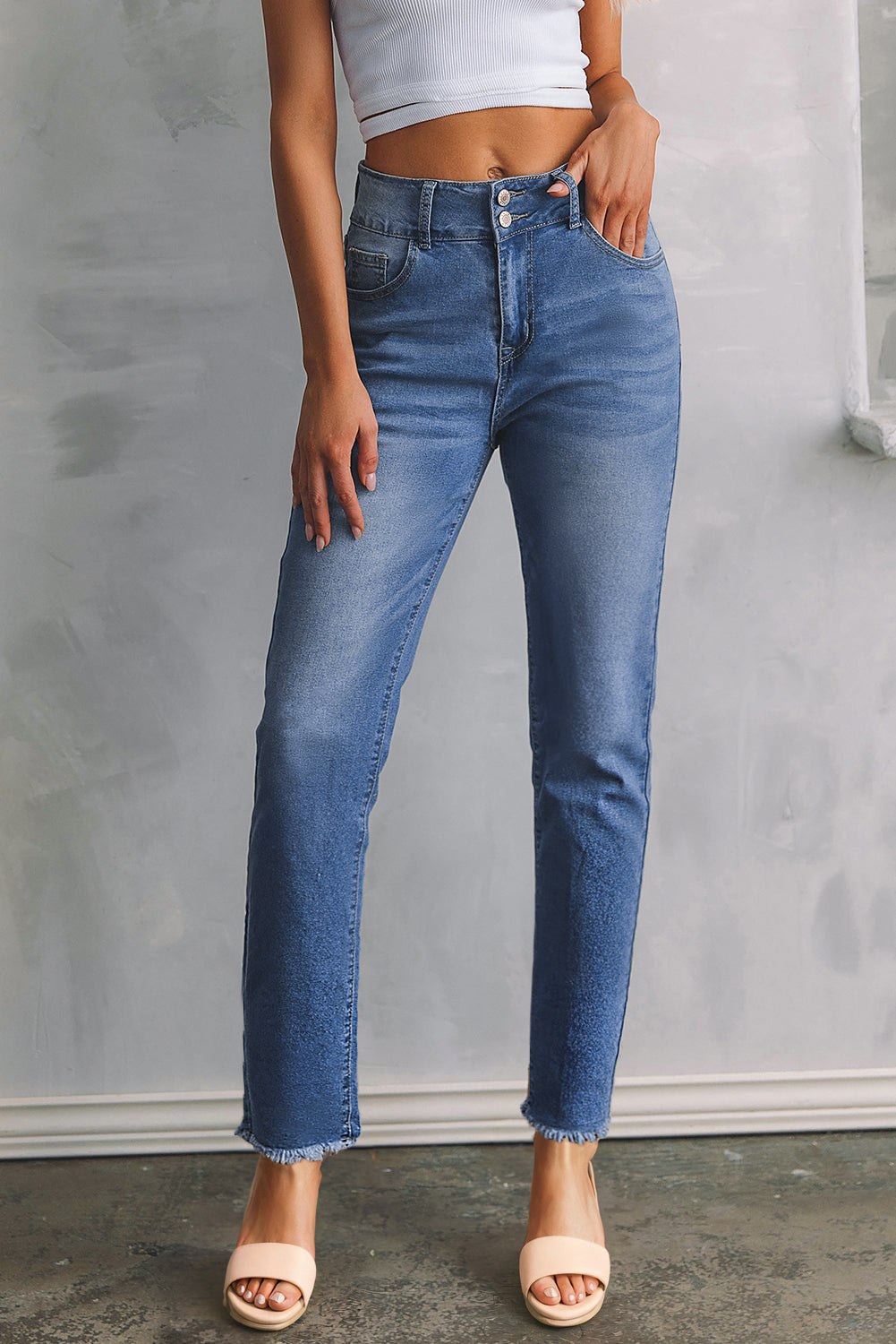 Himmelblå dobbeltknappede Rå Kant Slim Fit Jeans
