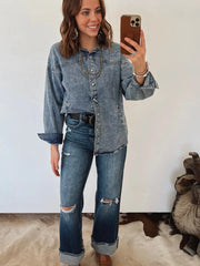 Dusk Blue Western Long Sleeve Shirt Collar Tunic Denim Jacket - Miniatuur