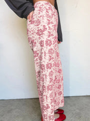 Pantalon en jean en denim rose à motif floral vintage - Miniatuur
