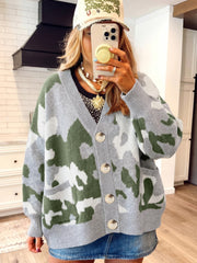 Cardigan delantero de botón en V con escote en el cuello camuflaje verde - Miniatuur