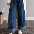 Blue Stripe Contrasted Drawstring Pocketed Loose Jeans - Damesmode Afbeelding 4 - Foto 4