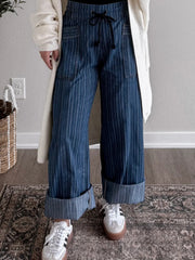 Jeans larghi a stringa a strisce blu con tasche e tasche - Moda femminile immagine 4 - Miniatuur