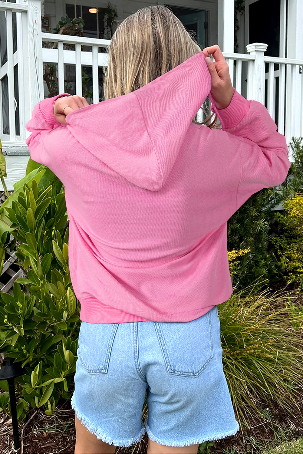 Sachet rose uni, veste à capuche à cordon nervuré